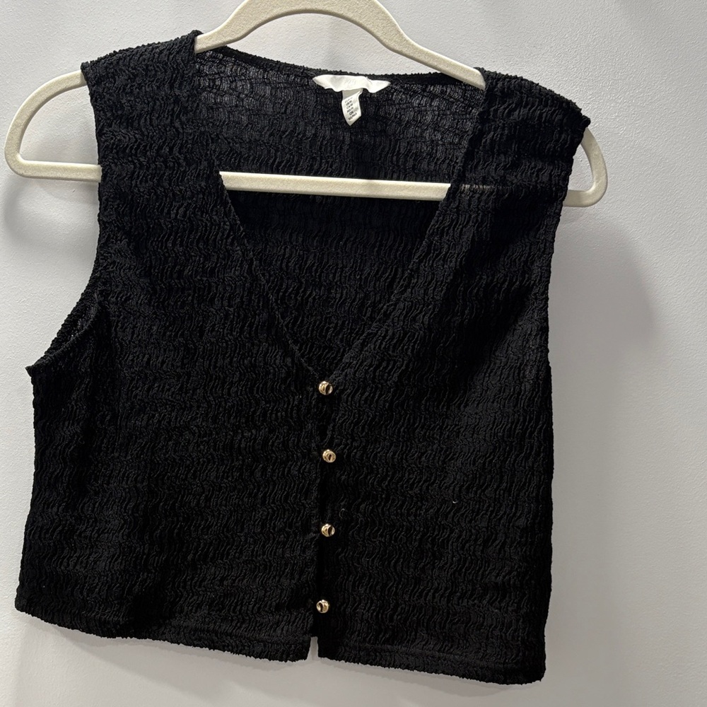 H&M Black Textured Crop Top with Gold Buttons